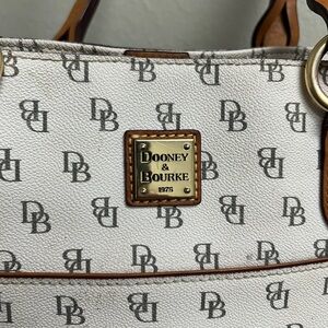 Dooney & Bourke White Monogram Tote with Tan Trim and Brass Plaque
